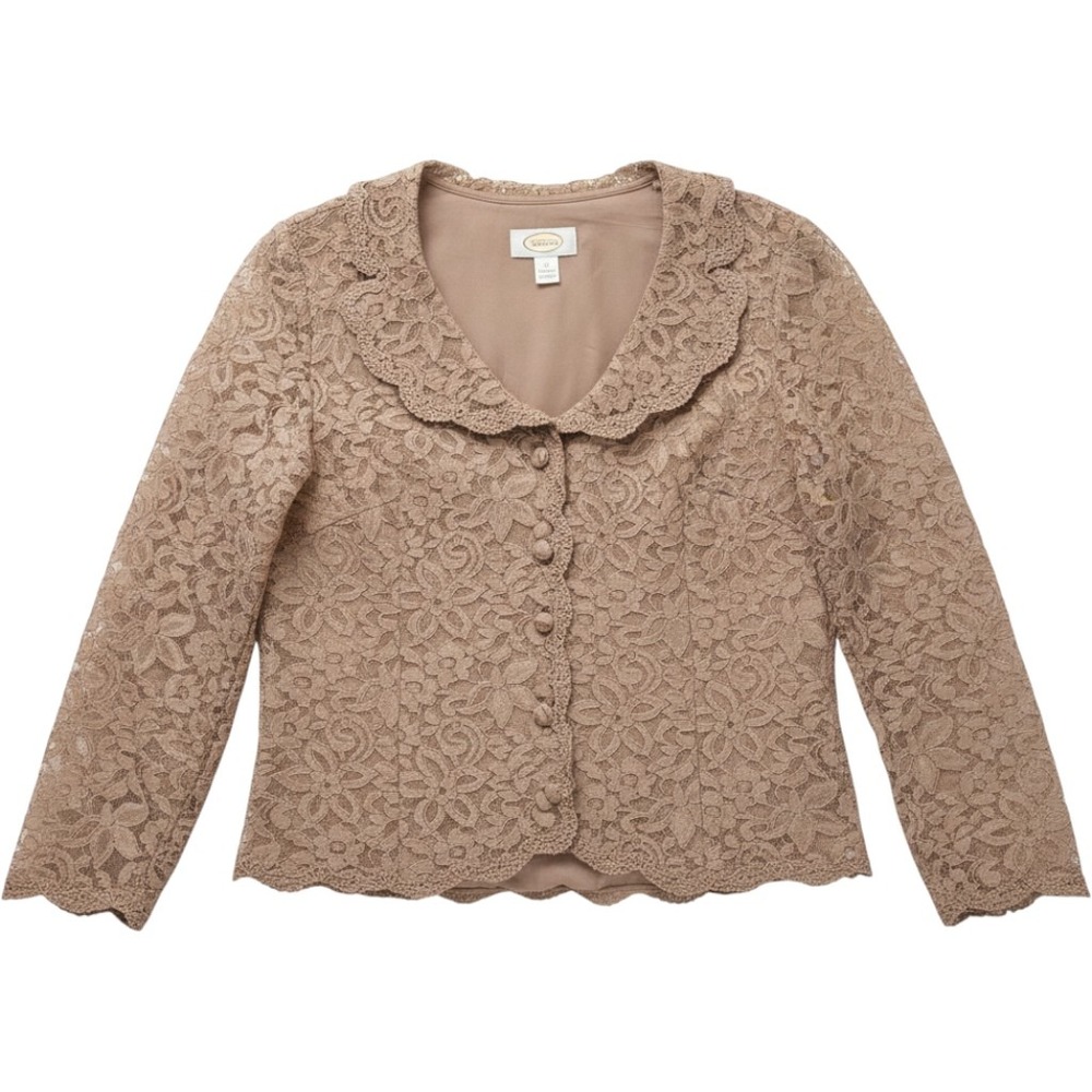 Talbots Womens Brown Floral Lace Button Front Jacket Peter Pan Collar‎ Size 12